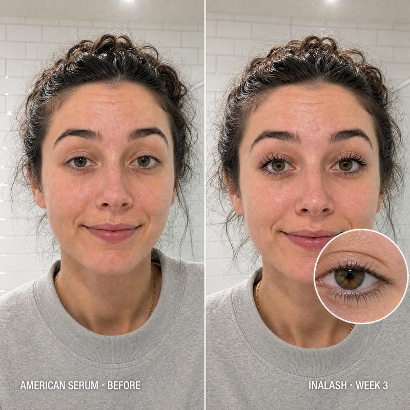 Before and after three weeks of Inalash - short sparse lashes on the left, longer lashes and a visible bottom row on the right
